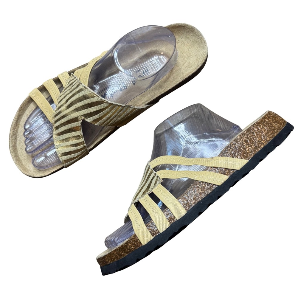 Betula Women's Strappy Zebra Print Cork Slide Sandals Gold Size 11